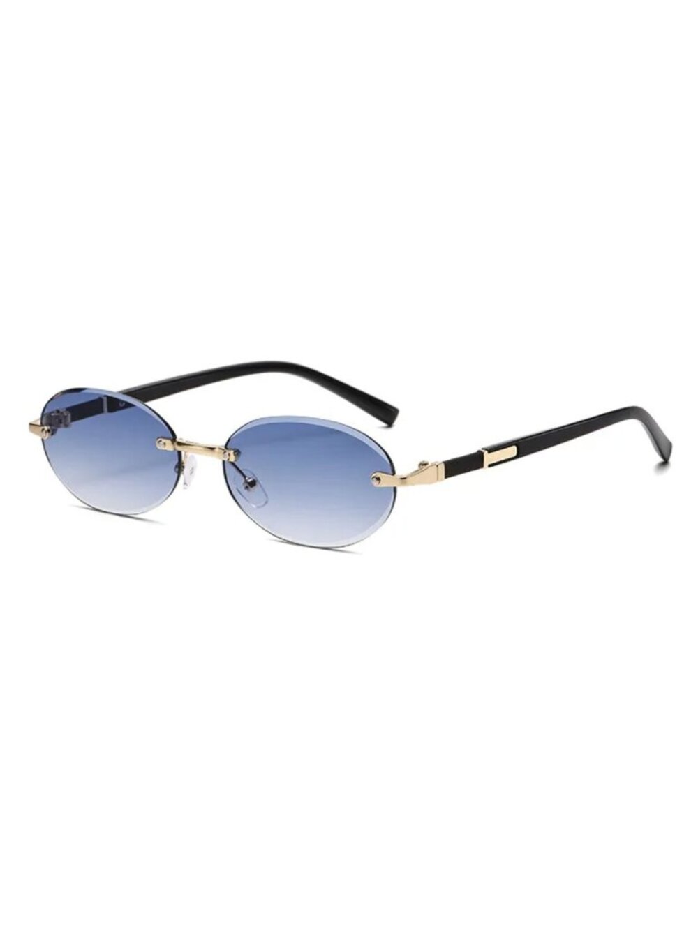 Oval Rimless Blue Lens Sunglasses With Gold & Black Metal Frame